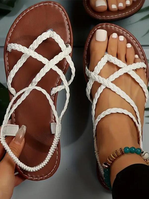 Women's Fashionable Criss Cross Braid Design Slip on Sandals, Casual Beach Sandals for Summer 2024, Non-slip Pu Leather Flat Sandals