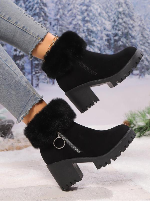 Women's Solid Color Side Zipper Design Plush Snow Boots, Fashionable Warm Thick Sole Boots for Winter, Comfortable and Versatile Boots for Daily Wear