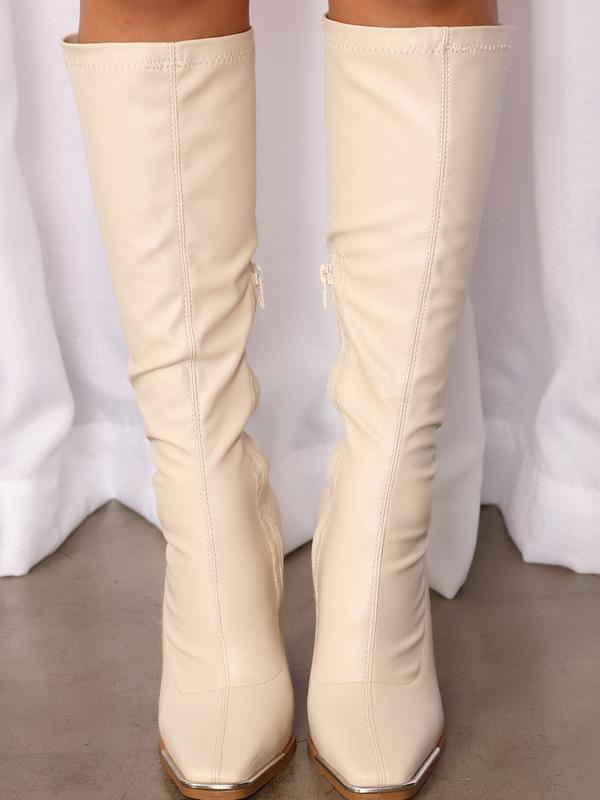 Women's Cream Square Toe Knee High Boots with 4.3