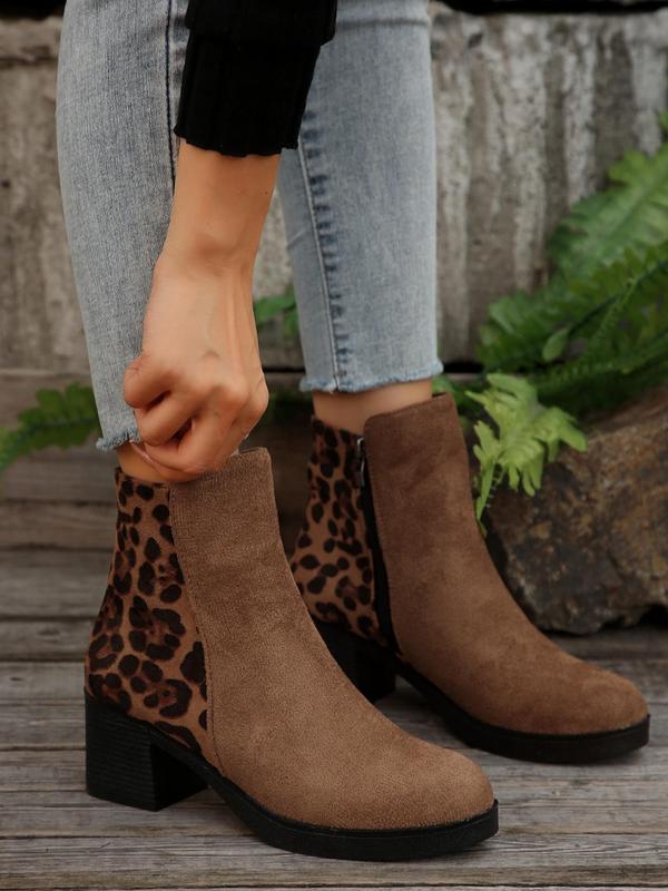 Women's Fashion Leopard Patchwork Design Ankle Boots, Casual Comfortable Side Zipper Design Boots for Daily Wear, Perfect for Students and Outdoor for Women & Girls