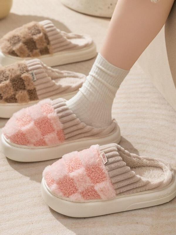 Women's Plain Plaid Pattern Plush Slippers, Casual Soft Comfortable Home Slippers, Warm Slippers for Indoor & Outdoor Use for Fall & Winter Fluffy Slippers