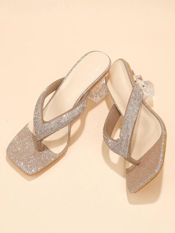 Women's Elegant Rhinestone Decorated Toe Thong Sandals, Exquisite Trendy High Heel Sandals, Fashionable Heeled Sandals for Summer