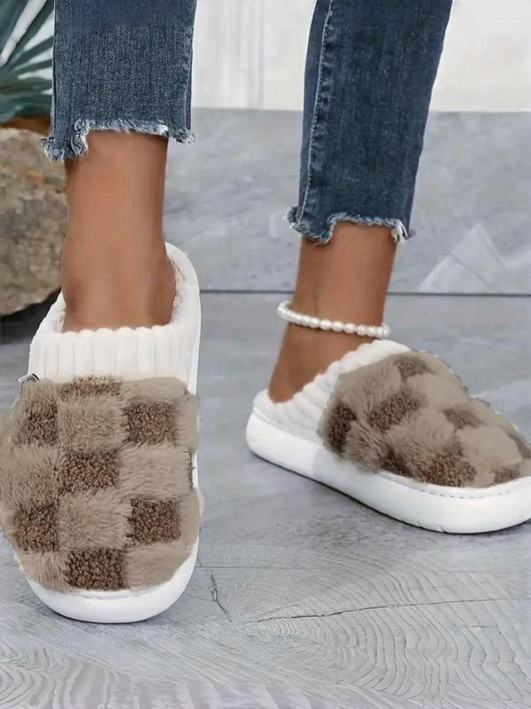 Women's Plain Plaid Pattern Plush Slippers, Casual Soft Comfortable Home Slippers, Warm Slippers for Indoor & Outdoor Use for Fall & Winter Fluffy Slippers