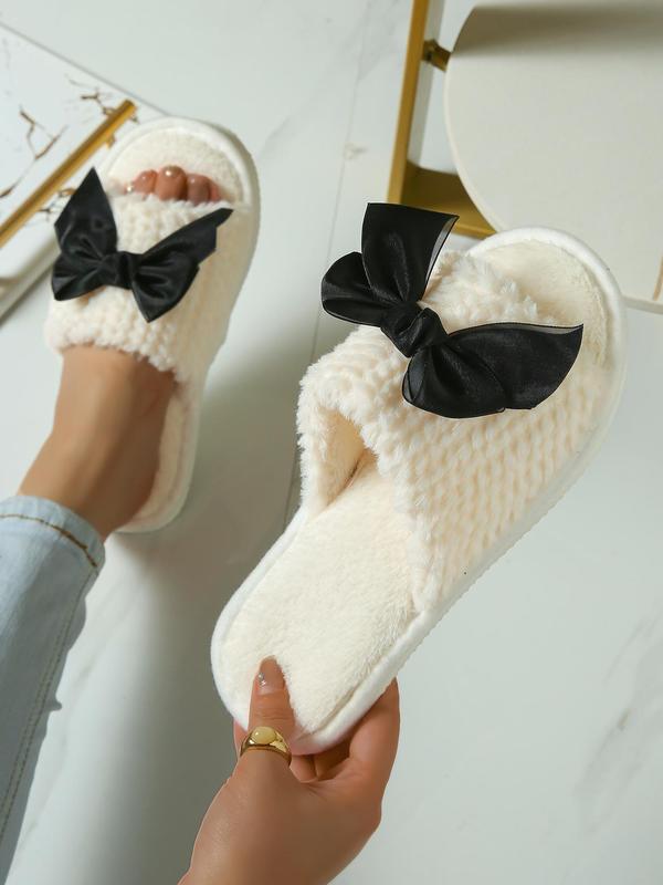 Women's Cute Bowknot Design Plush Slippers, Casual Soft Comfortable Home Slippers, Warm Slippers for Indoor & Outdoor Use for All Seasons