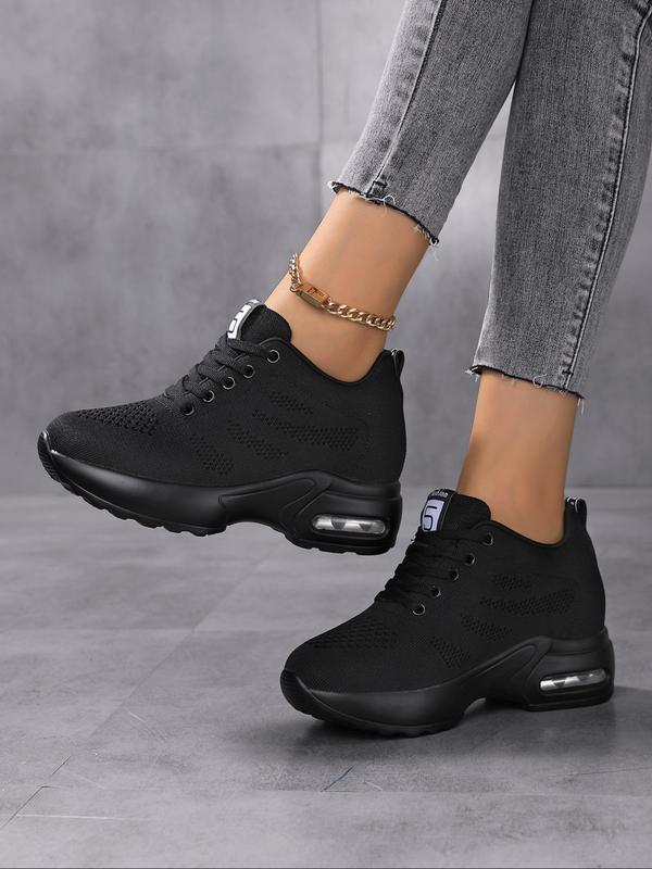 Women's Plain Lace Up Round Toe Wedge Sneakers, Wedge Trainers, Designer Shoes, Comfortable Letter Label Decor Athletic Sports Shoes for Women, Running Wedge Trainer, Back To School, Fall Outfits, Fall Freshness for Fall 2024