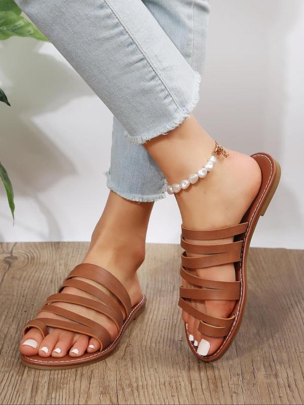 Plain Pu Leather Slip on Sandals for Women 2024, Casual Hollow Out Design Sandals for Summer, Lightweight Shoes for Daily Students Outdoor Back To School, Simple Summer Shoes