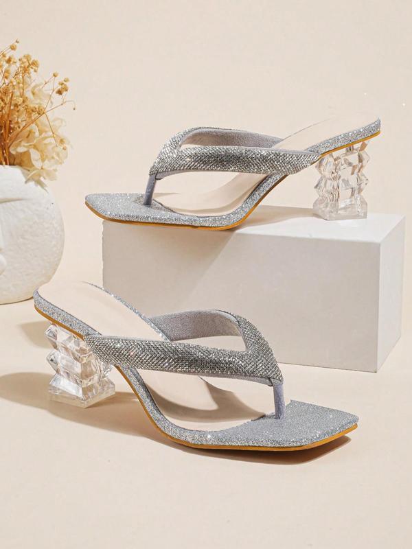 Women's Elegant Rhinestone Decorated Toe Thong Sandals, Exquisite Trendy High Heel Sandals, Fashionable Heeled Sandals for Summer