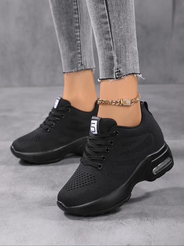 Women's Plain Lace Up Round Toe Wedge Sneakers, Wedge Trainers, Designer Shoes, Comfortable Letter Label Decor Athletic Sports Shoes for Women, Running Wedge Trainer, Back To School, Fall Outfits, Fall Freshness for Fall 2024