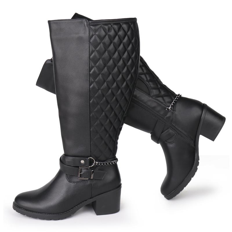 Women's Extra Wide Calf Block Heel Chic Chain Buckle Motorcycle Knee High Boots thigh  high