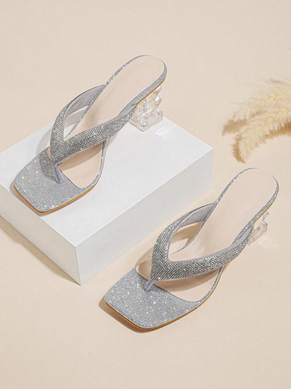 Women's Elegant Rhinestone Decorated Toe Thong Sandals, Exquisite Trendy High Heel Sandals, Fashionable Heeled Sandals for Summer