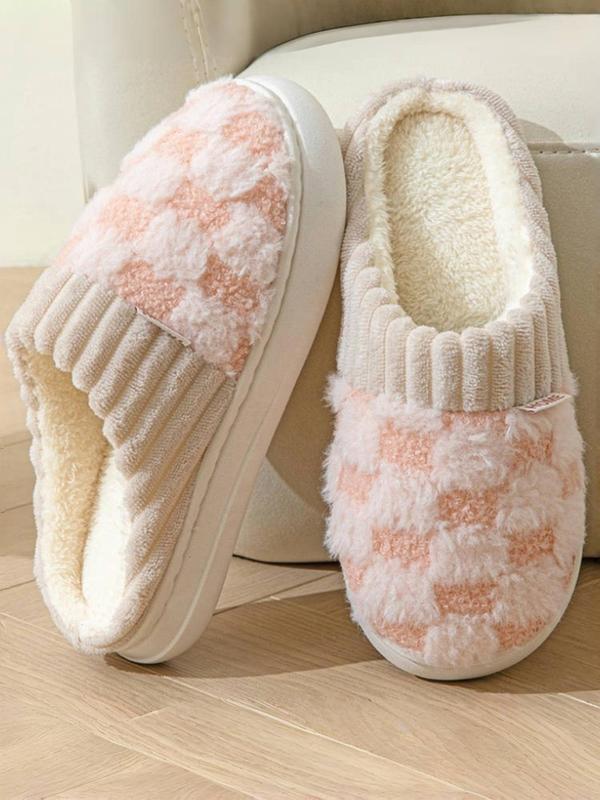 Women's Plain Plaid Pattern Plush Slippers, Casual Soft Comfortable Home Slippers, Warm Slippers for Indoor & Outdoor Use for Fall & Winter Fluffy Slippers