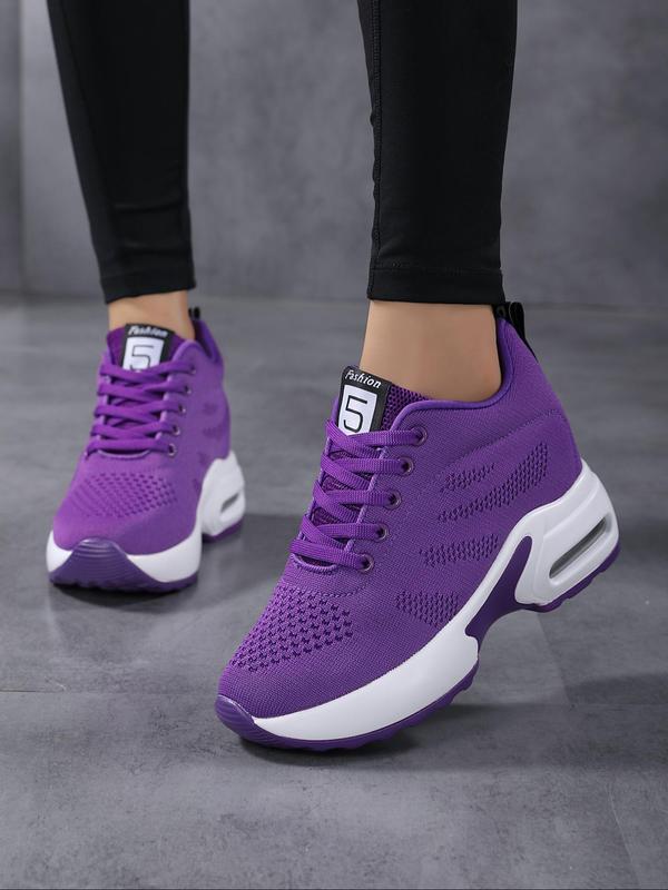 Women's Plain Lace Up Round Toe Wedge Sneakers, Wedge Trainers, Designer Shoes, Comfortable Letter Label Decor Athletic Sports Shoes for Women, Running Wedge Trainer, Back To School, Fall Outfits, Fall Freshness for Fall 2024