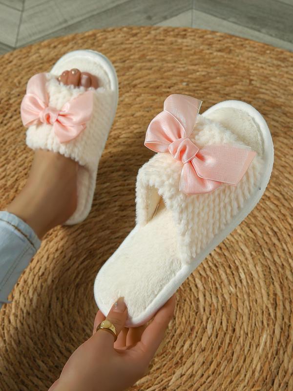 Women's Cute Bowknot Design Plush Slippers, Casual Soft Comfortable Home Slippers, Warm Slippers for Indoor & Outdoor Use for All Seasons