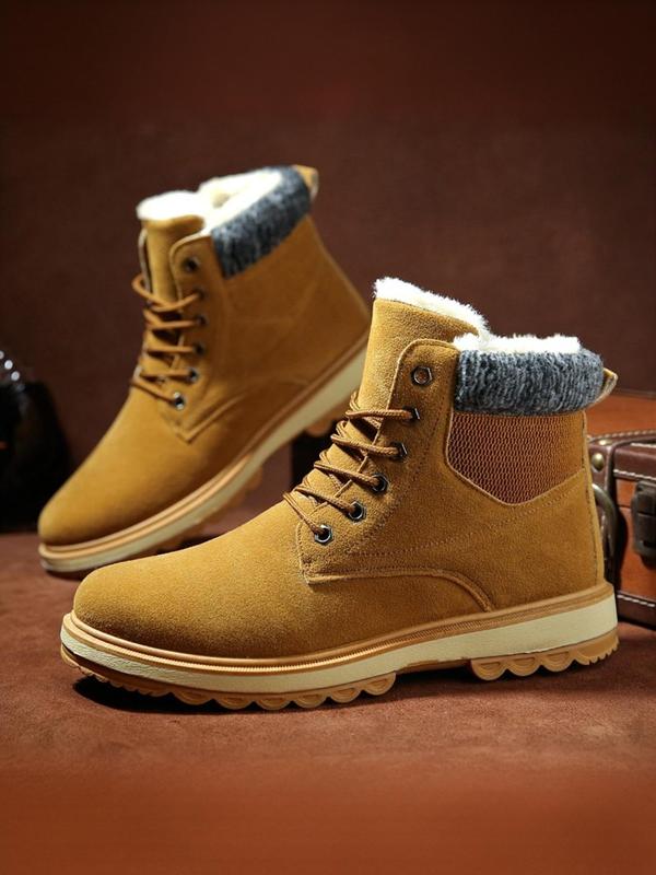 Men's Solid Color Lace Up Ankle Boots, Casual Comfortable Warm Snow Boots for Outdoor, Male All-match Round Toe Shoes for Daily Wear