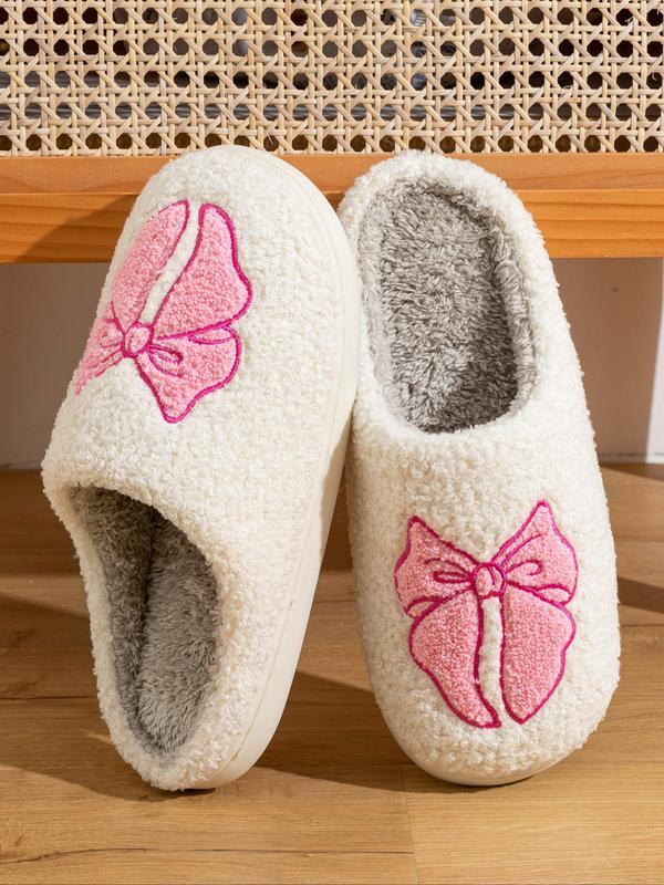 Women's Cute Bowknot Embroidering Design Slippers, Casual Soft Comfortable Home Slippers, Warm Slippers for Indoor & Outdoor Use for Fall & Winter