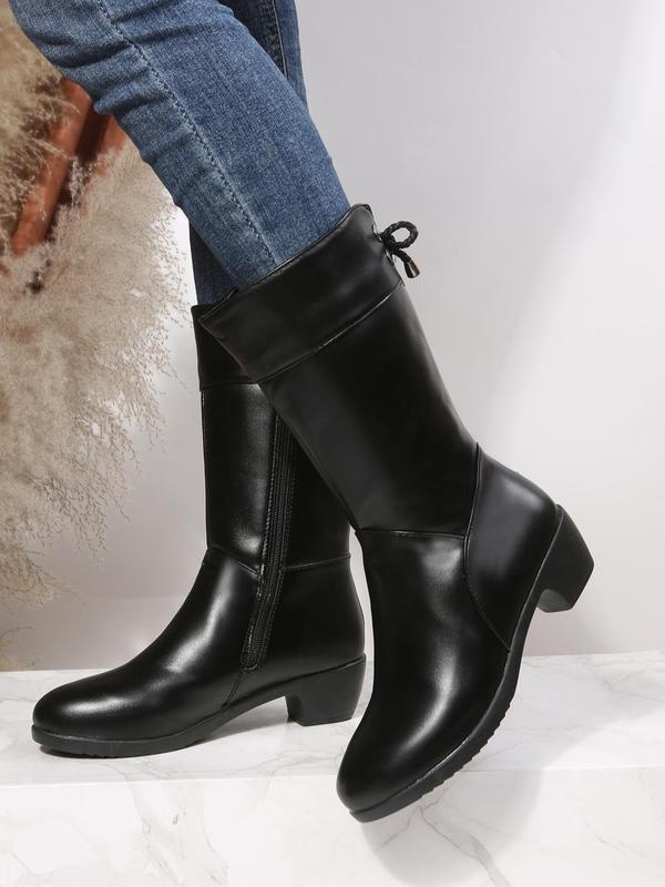 Women's Solid Color Lace up Back Mid-calf Boots, Fashionable Warm Thickened Boots for Fall & Winter, Casual Plush Lining Riding Boots