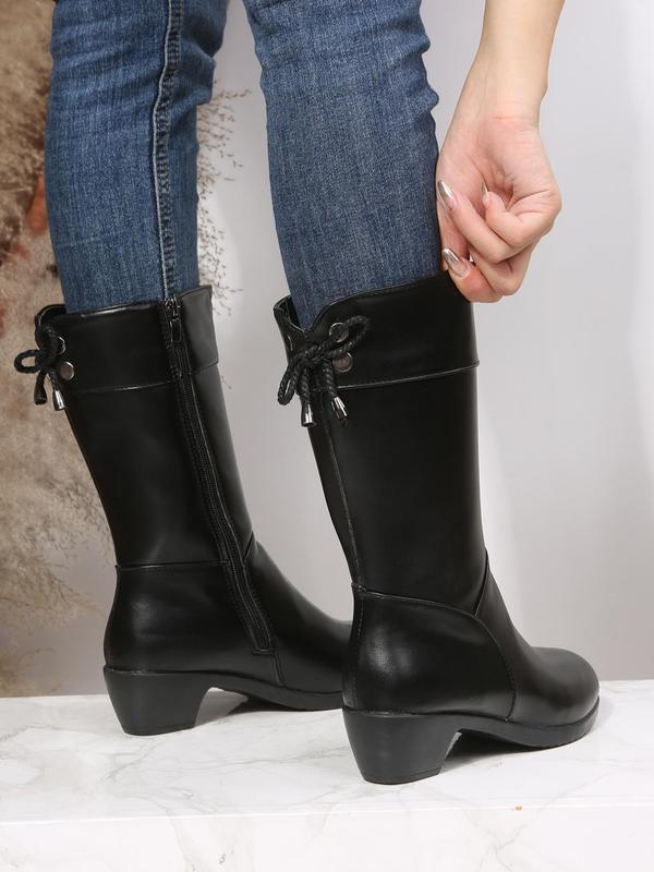 Women's Solid Color Lace up Back Mid-calf Boots, Fashionable Warm Thickened Boots for Fall & Winter, Casual Plush Lining Riding Boots