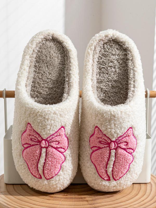 Women's Cute Bowknot Embroidering Design Slippers, Casual Soft Comfortable Home Slippers, Warm Slippers for Indoor & Outdoor Use for Fall & Winter