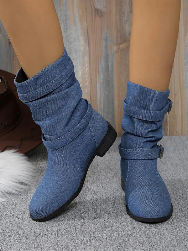 Women's Fashionable Denim Design Boots, Casual Comfortable Round Toe Boots for Fall & Winter, Female All-match Trendy Shoes for Daily Wear