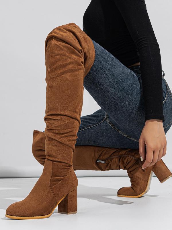 Women's Solid Color Side Zip Over The Knee Boots, Fashionable Pointed Toe Slouchy Boots for Daily Wear, Female All-match Trendy Shoes for Fall & Winter