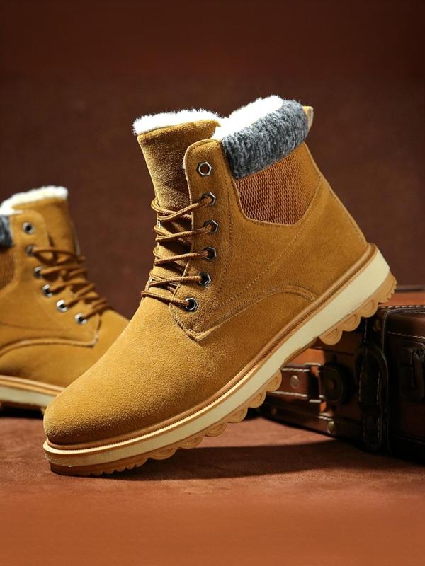 Men's Solid Color Lace Up Ankle Boots, Casual Comfortable Warm Snow Boots for Outdoor, Male All-match Round Toe Shoes for Daily Wear