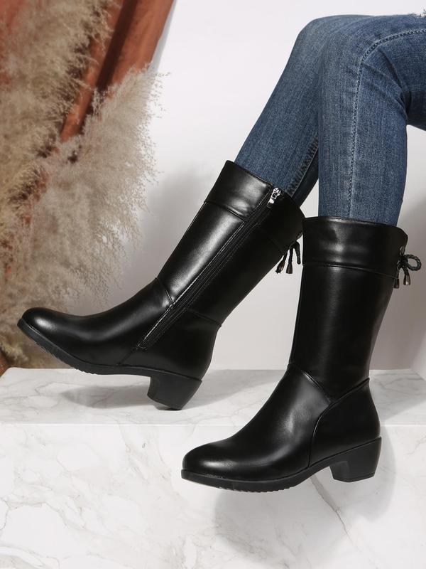 Women's Solid Color Lace up Back Mid-calf Boots, Fashionable Warm Thickened Boots for Fall & Winter, Casual Plush Lining Riding Boots