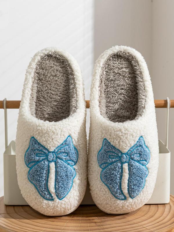 Women's Cute Bowknot Embroidering Design Slippers, Casual Soft Comfortable Home Slippers, Warm Slippers for Indoor & Outdoor Use for Fall & Winter