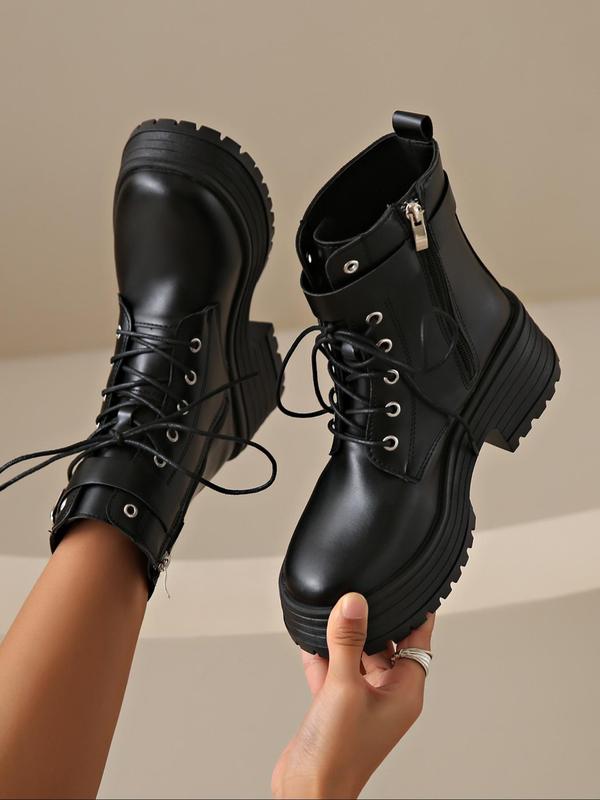 Women's Fashionable Lace Up Front Platform Boots, Casual Comfortable Zipper Design Boots for Daily Wear, Female All-match Trend Shoes for Fall & Winter, Black Girl Outfits Boots For Women