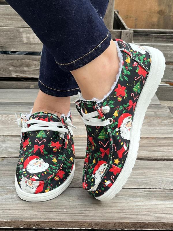 Women's Christmas Print Lace Up Low Top Sneakers, Casual Comfortable Warm Home Slippers for Fall & Winter, Female All-match Round Toe Shoes for Daily Wear