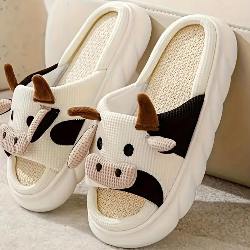 Women's Cow Design Plush Slippers - Cozy Winter Fabric Indoor Slippers with EVA Sole, Flax Insole, Cartoon Pattern - Professional Dry Clean or Washable Warm Soft Footwear for Autumn and Winter