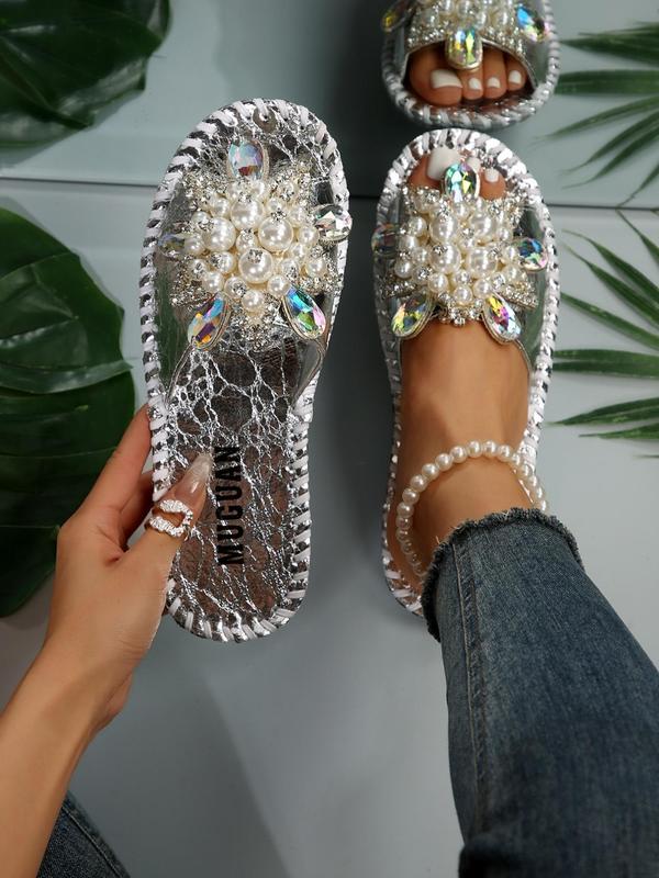 Women's Faux Pearl & Rhinestone Decorated Slide Sandals, Casual Open Toe Summer Shoes, Walking Shoes Slide Cute 2024 Slippers Back To School