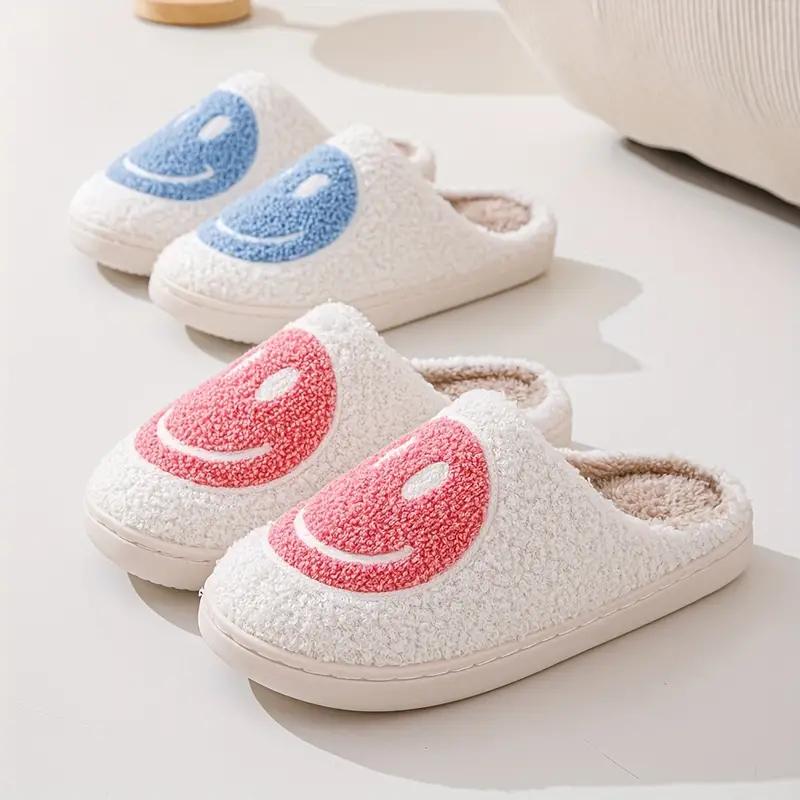 1 Pair Of Smile Face Slippers For Male, Retro Comfy Warm Soft Fuzzy Plush Slip-On House Shoes Funny Cute Happy Smile Home Winter Warmies Pillow Cloud Memory Foam Fluffy Slipper For Indoor & Outdoor