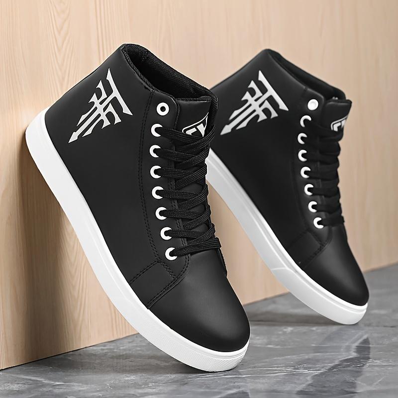 Men's trendy faux leather upper high top skate shoes, lace up comfy casual shoes for All Seasons outdoor street walking-Spring Autumn Closed Training