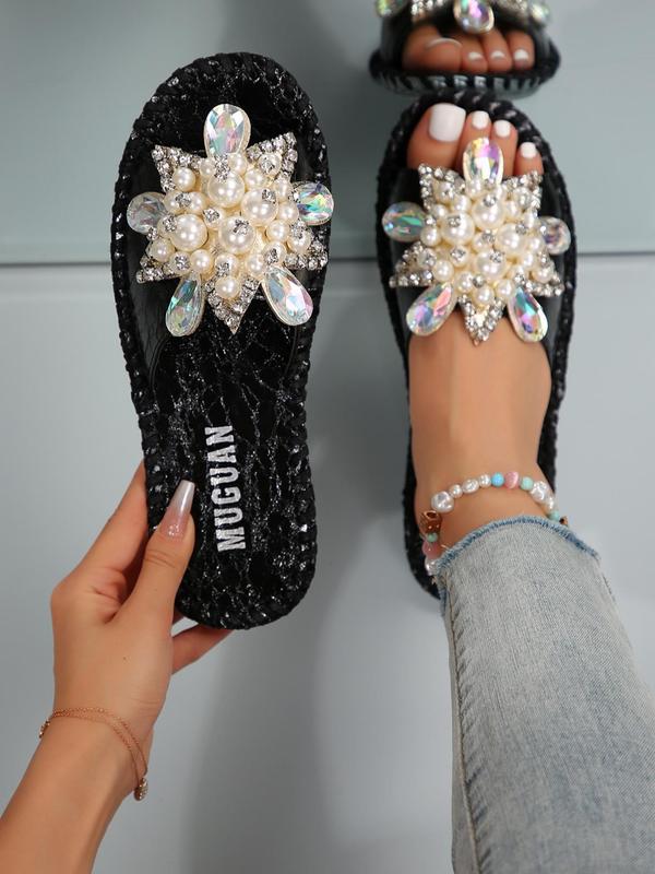 Women's Faux Pearl & Rhinestone Decorated Slide Sandals, Casual Open Toe Summer Shoes, Walking Shoes Slide Cute 2024 Slippers Back To School