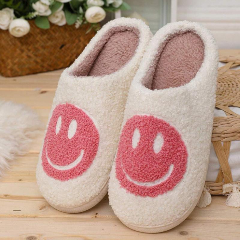 1 Pair Of Smile Face Slippers For Male, Retro Comfy Warm Soft Fuzzy Plush Slip-On House Shoes Funny Cute Happy Smile Home Winter Warmies Pillow Cloud Memory Foam Fluffy Slipper For Indoor & Outdoor