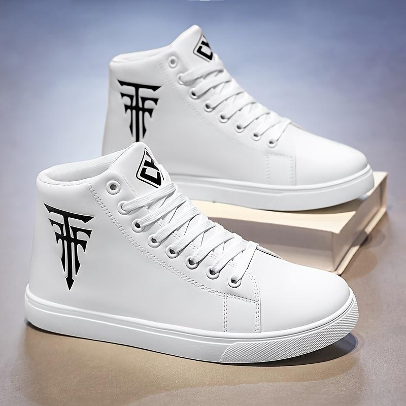 Men's trendy faux leather upper high top skate shoes, lace up comfy casual shoes for All Seasons outdoor street walking-Spring Autumn Closed Training