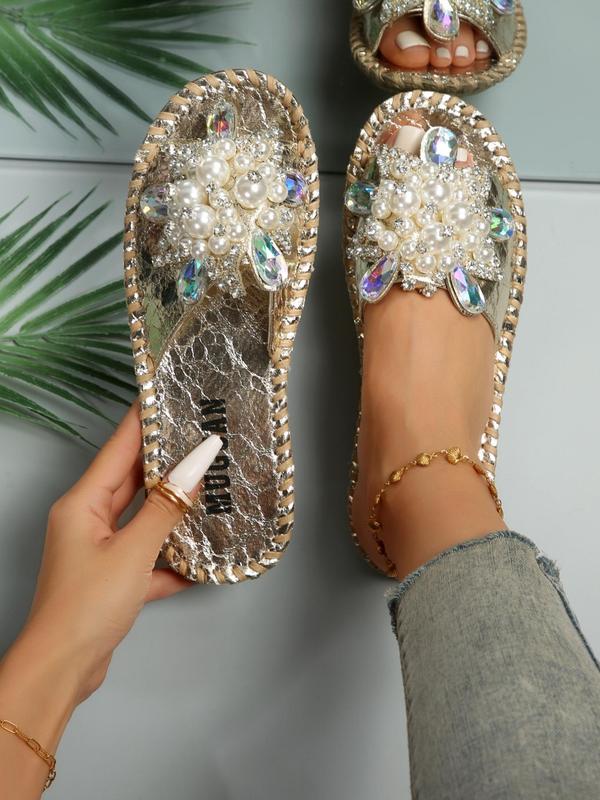 Women's Faux Pearl & Rhinestone Decorated Slide Sandals, Casual Open Toe Summer Shoes, Walking Shoes Slide Cute 2024 Slippers Back To School