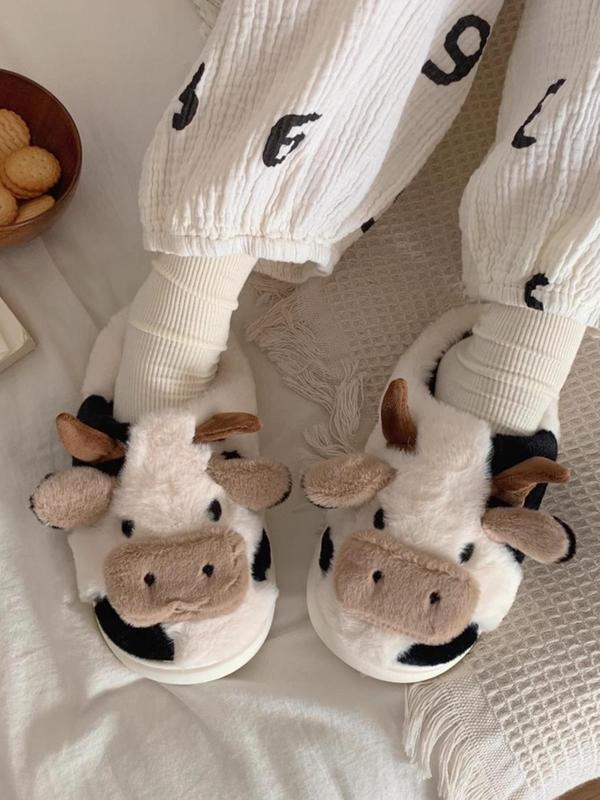 Women's Cute Cartoon Cow Slippers, Warm Thick Bottom Bedroom Home Slippers, Casual Wide Band Soft Plush Lining Platform Slippers for Fall & Winter