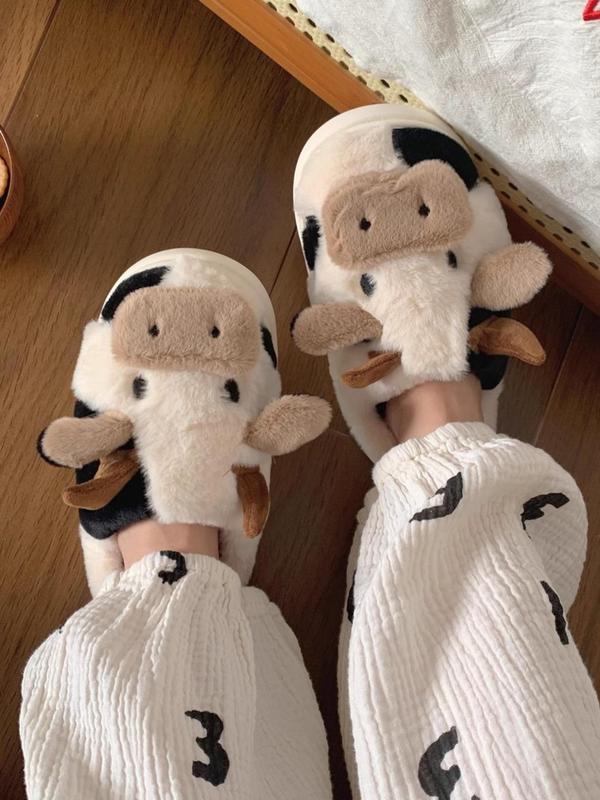 Women's Cute Cartoon Cow Slippers, Warm Thick Bottom Bedroom Home Slippers, Casual Wide Band Soft Plush Lining Platform Slippers for Fall & Winter