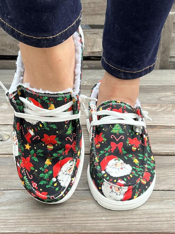 Women's Christmas Print Lace Up Low Top Sneakers, Casual Comfortable Warm Home Slippers for Fall & Winter, Female All-match Round Toe Shoes for Daily Wear