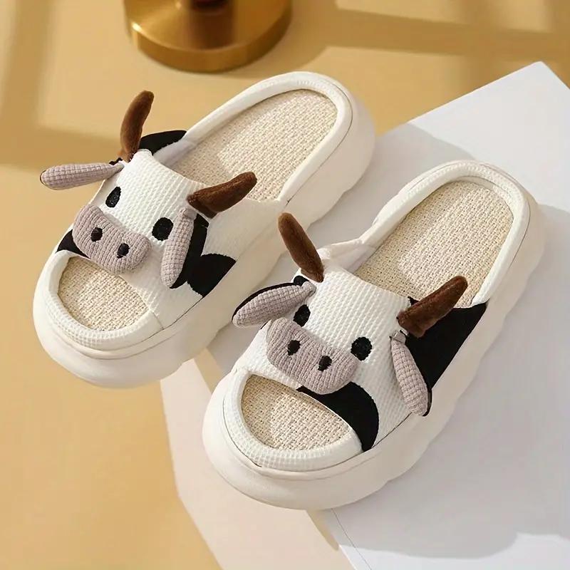 Women's Cow Design Plush Slippers - Cozy Winter Fabric Indoor Slippers with EVA Sole, Flax Insole, Cartoon Pattern - Professional Dry Clean or Washable Warm Soft Footwear for Autumn and Winter