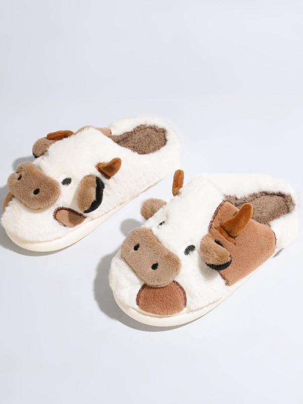 Women's Cute Cartoon Cow Slippers, Warm Thick Bottom Bedroom Home Slippers, Casual Wide Band Soft Plush Lining Platform Slippers for Fall & Winter