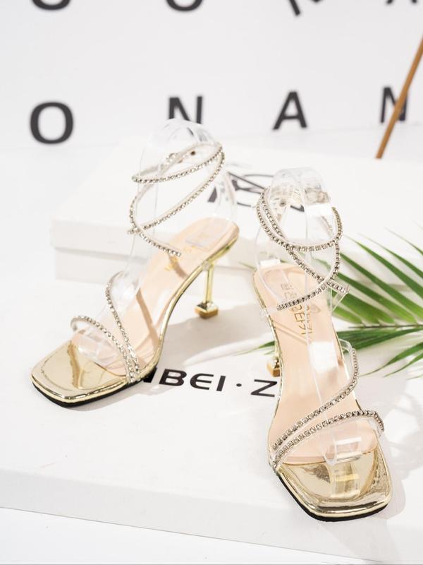 Women's Rhinestone Decorated Strap High Heel Sandals, Elegant Square Toe Sandals for Party, Banquet, Fashionable Shoes for Daily Wear