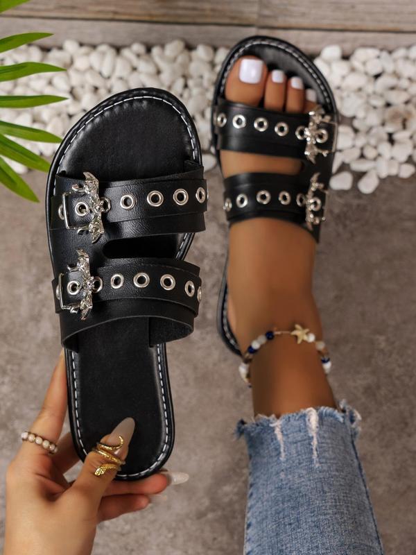 Women's Fashionable Grommet Eyelet Design Slippers, Buckle Decor Slide Sandals, Casual Comfortable Flat Sandals for Summer, Non-slip Slippers for Indoor & Outdoor Wear