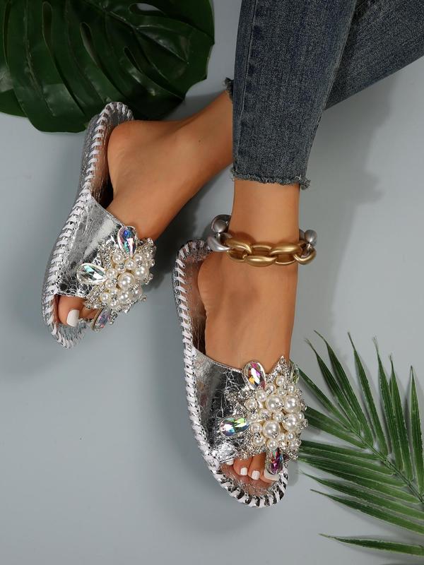 Women's Faux Pearl & Rhinestone Decorated Slide Sandals, Casual Open Toe Summer Shoes, Walking Shoes Slide Cute 2024 Slippers Back To School