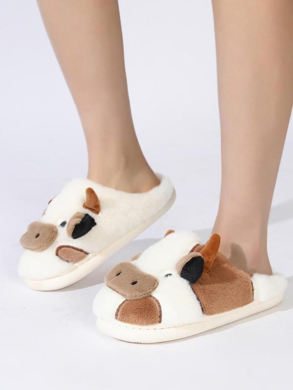 Women's Cute Cartoon Cow Slippers, Warm Thick Bottom Bedroom Home Slippers, Casual Wide Band Soft Plush Lining Platform Slippers for Fall & Winter