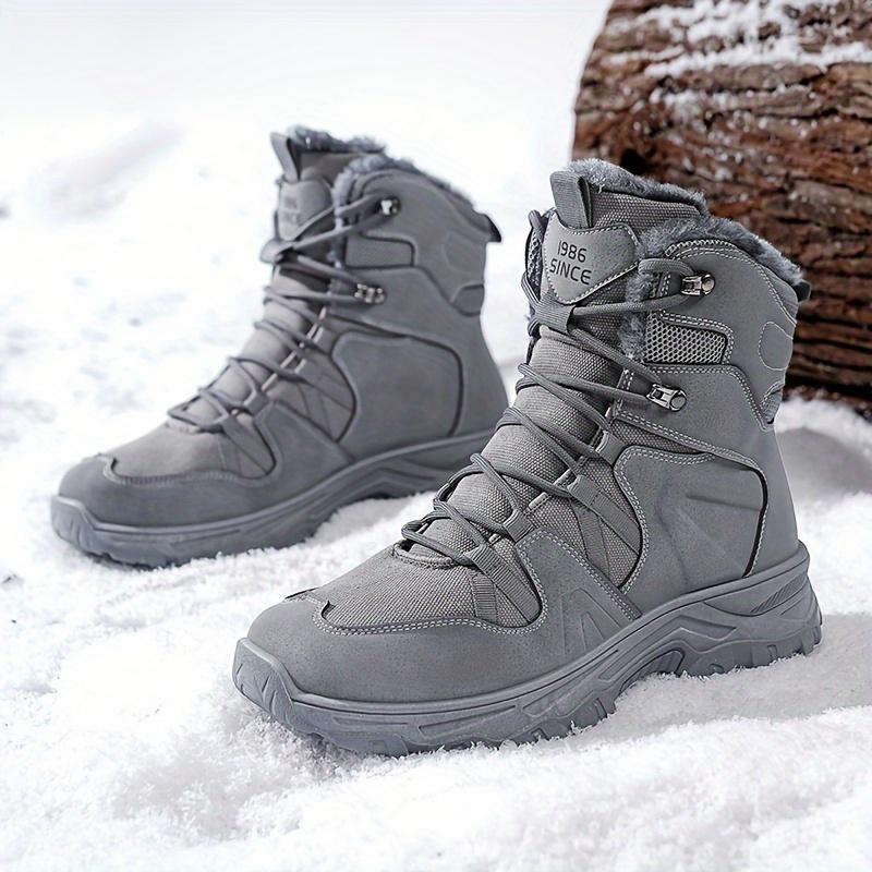 1PR Men's Winter Plush Snow Boots-Casual Sports Style, Solid Color, Booties Height, round Toe, Lace-up Closure, Artificial Epithelial, Fabric Lining, Rubber Sole, for Hiking and Outdoor Activities.