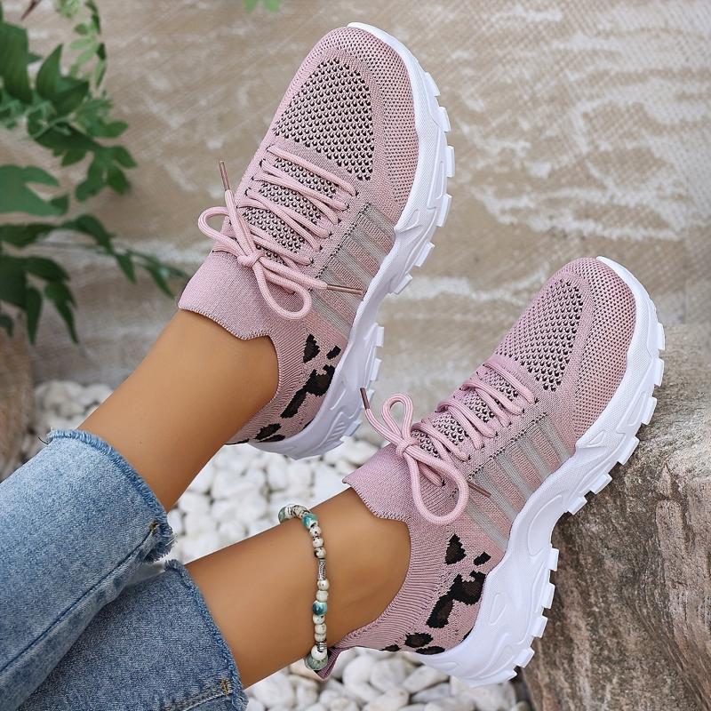 Women's Casual Sports Shoes, Flying Woven Leopard Print Breathable Lace-up Running Shoes, Comfortable Platform Shoes Plus Size