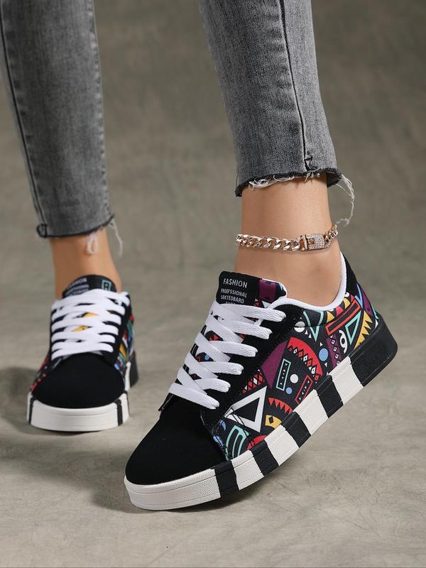 Women's Fall 2024 Colorblock Lace Up Low Top Skate Shoes, Casual Letter Print Round Toe Skate Shoes, Luxury Designer Commuter 2024 Fall Shoes for Work & Daily Walking