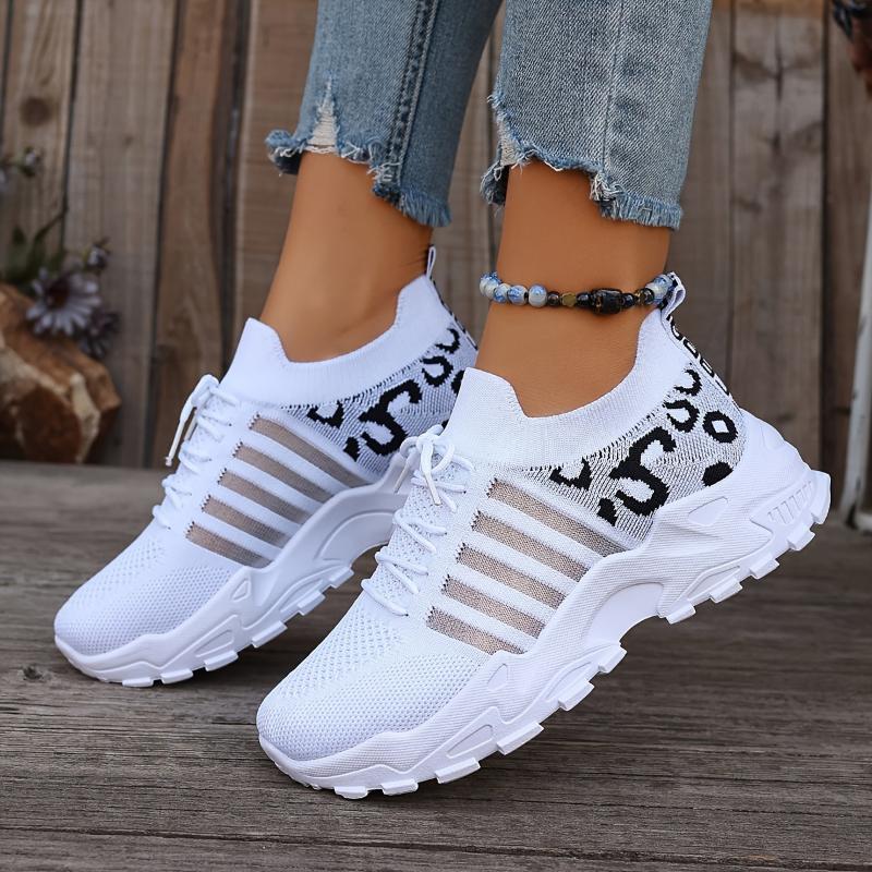 Women's Casual Sports Shoes, Flying Woven Leopard Print Breathable Lace-up Running Shoes, Comfortable Platform Shoes Plus Size